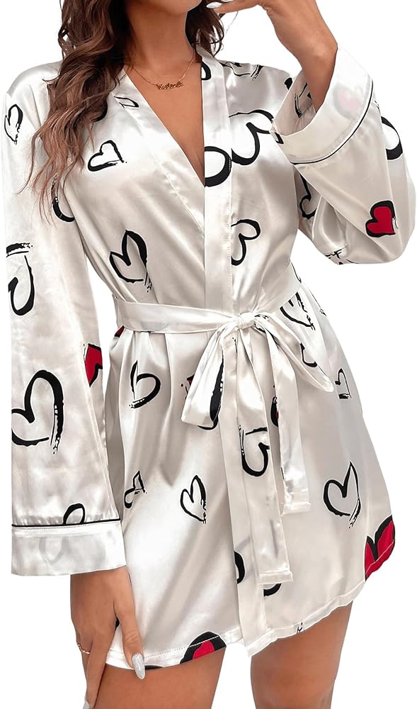 GORGLITTER Women's Satin Heart Print Bride Robe Short Lightweight Summer Wedding Silk Bridesmaid Robes