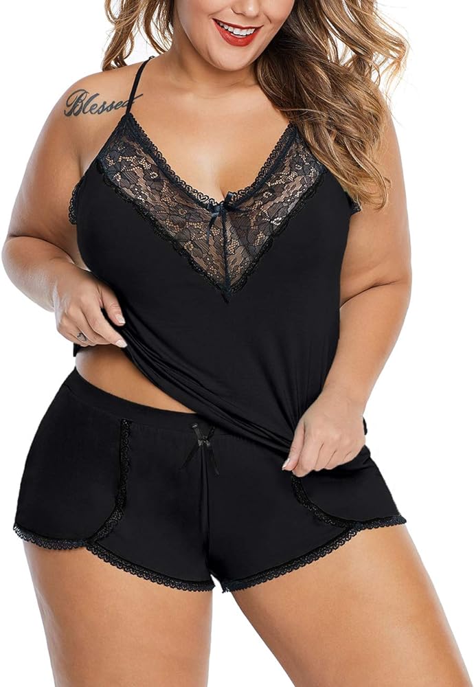 XAKALAKA Women Plus Size Pajamas Cami Shorts Set Nightwear Sexy Lace Lingerie Sleepwear