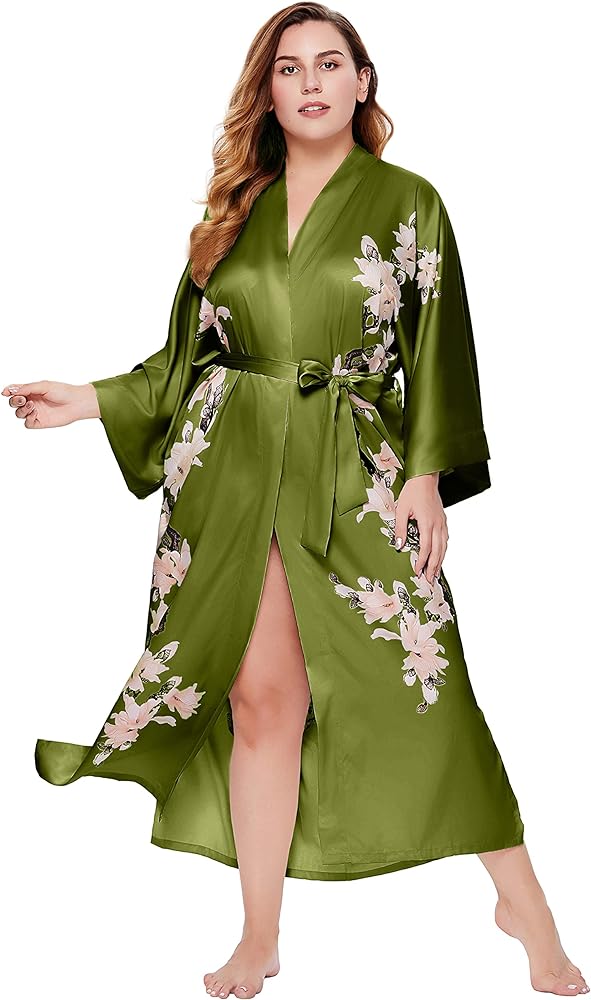 BABEYOND Plus Size Long Kimono Robe Floral Satin Robes Silky Kimono Cover Up Loose Cardigan Top Bachelorette Party Robe