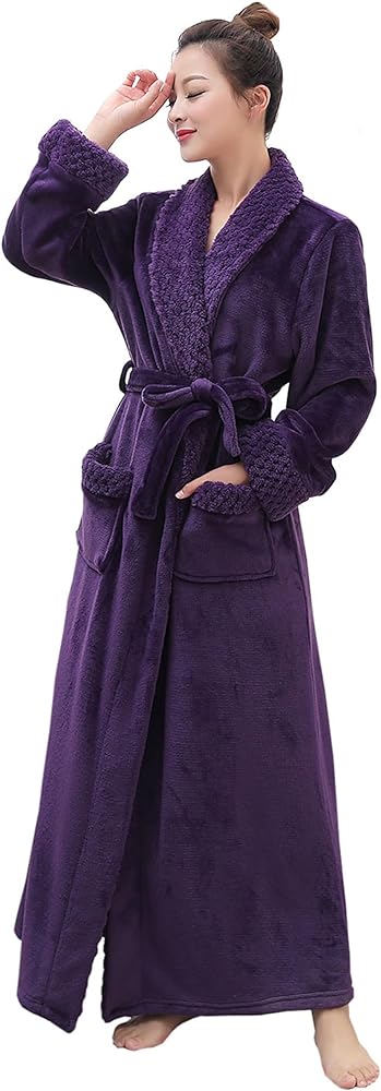 Artfasion Womens Long Fleece Robe - Warm Soft Floor Length Flannel Bathrobes for Winter Thicker Long House Coat with Pockets