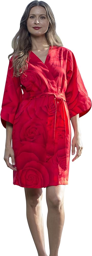 Women's Printed Cotton Short Red Robe with Kimono Collar-Roses for Love