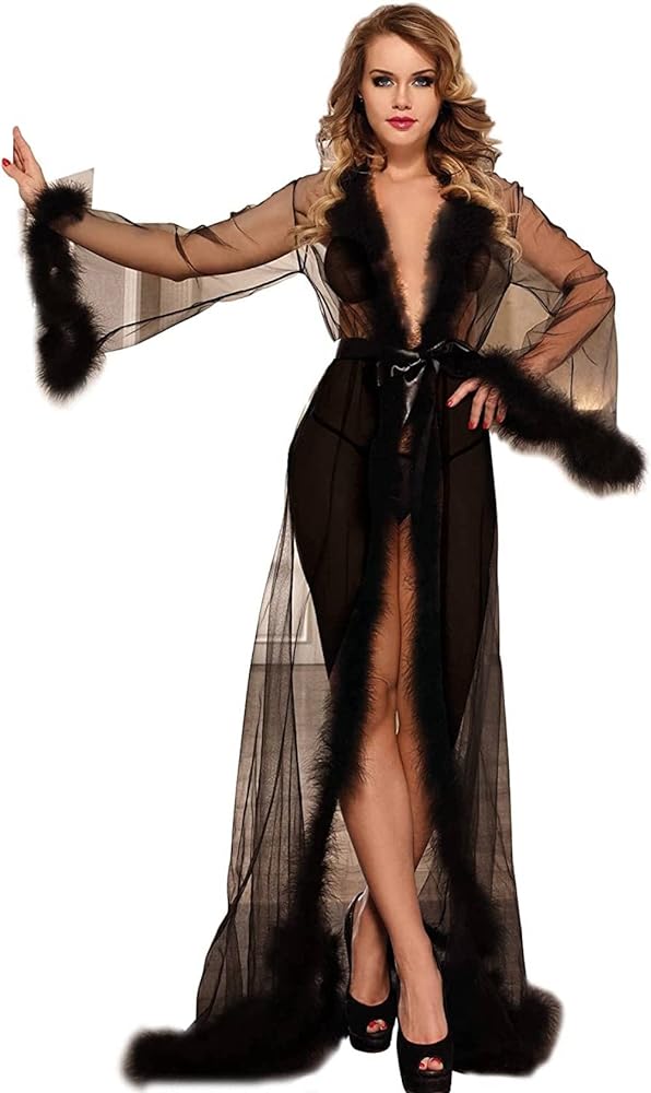 ohyeah Women Feather Bridal Robe for Wedding Plus Size Lingerie Robe with Fur Nightgown Bathrobe Tulle Maternity Dress