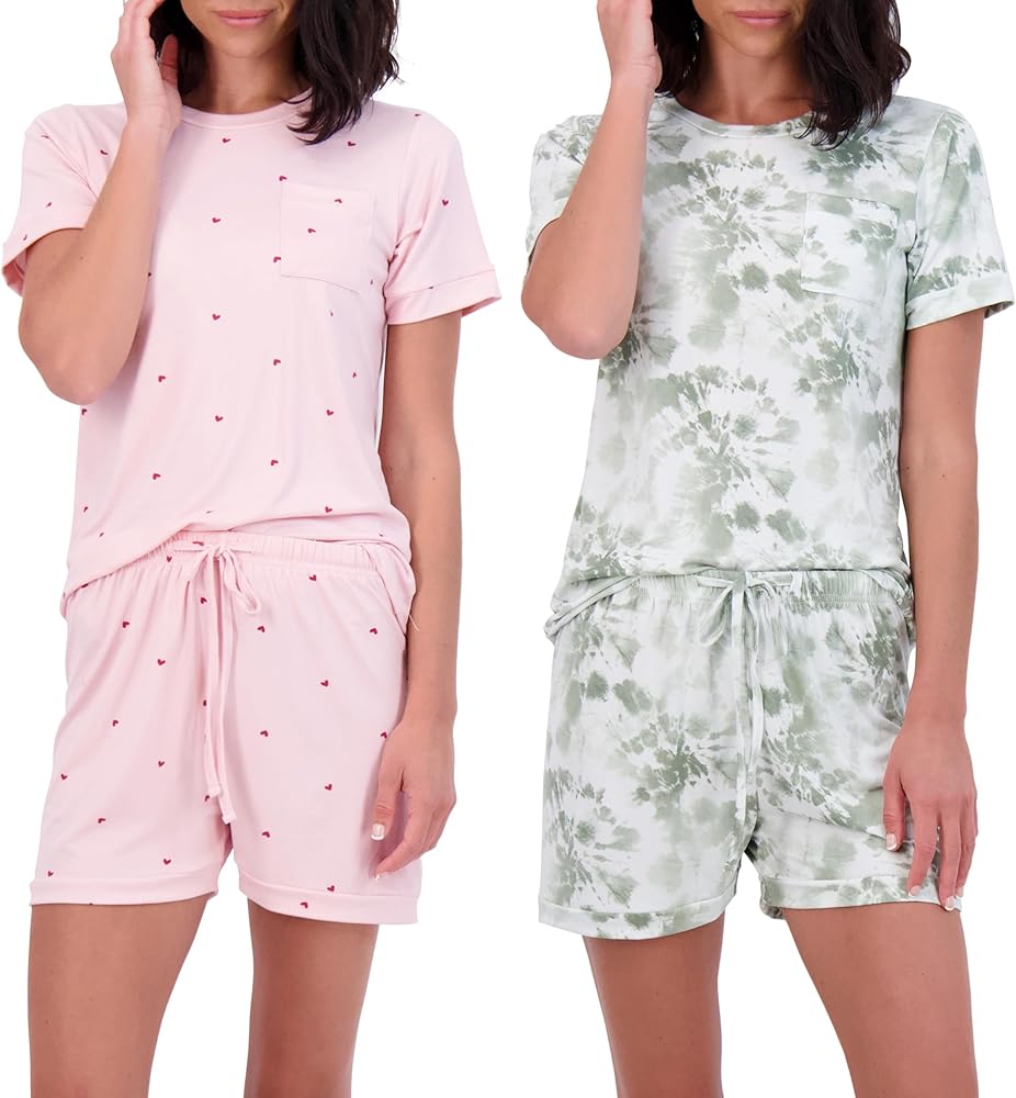 Real Essentials 4 Piece: Women’s Short Sleeve Top with Shorts Pajama Set – Ultra-Soft Lounge & Sleepwear (Available In Plus)