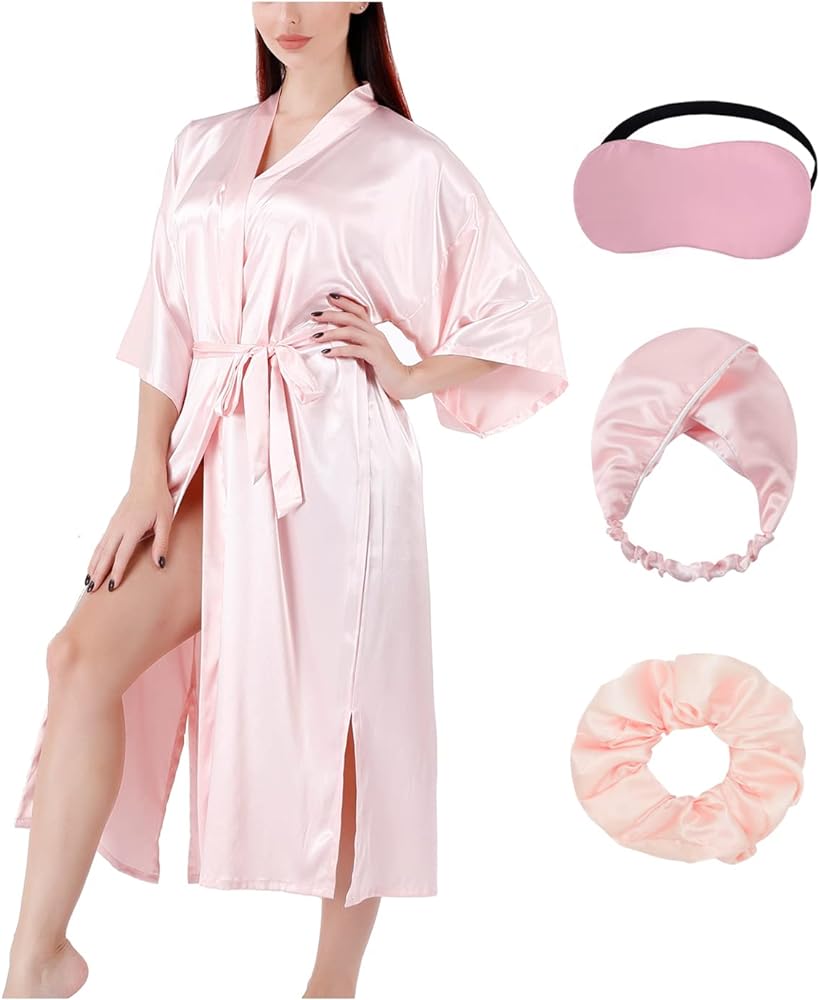 MEIKLE Women Long silky Robe Wedding Party Kimono Lounge Lightweight Robe with Blindfold Hair Ties Hair Bands