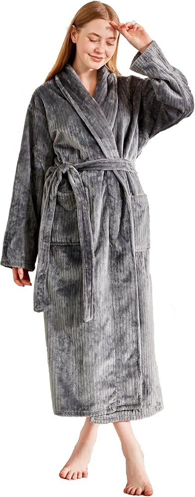 Stripe Bathrobe Fluffy Womens Plush Soft Robe, Warm, Premium Fleece Sherpa Shaggy Bathrobe