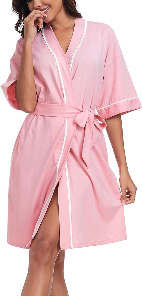 100% Cotton Robes for Women Lightweight Summer Kimono Robe with Pockets Short Sleeve Soft Bathrobe Ladies Sleepwear