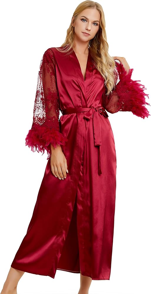 NOWDER Women Feathers Robes Long Bride Silky Lace Kimono Robe for Wedding Bridal Party Maternity Photography Gowns