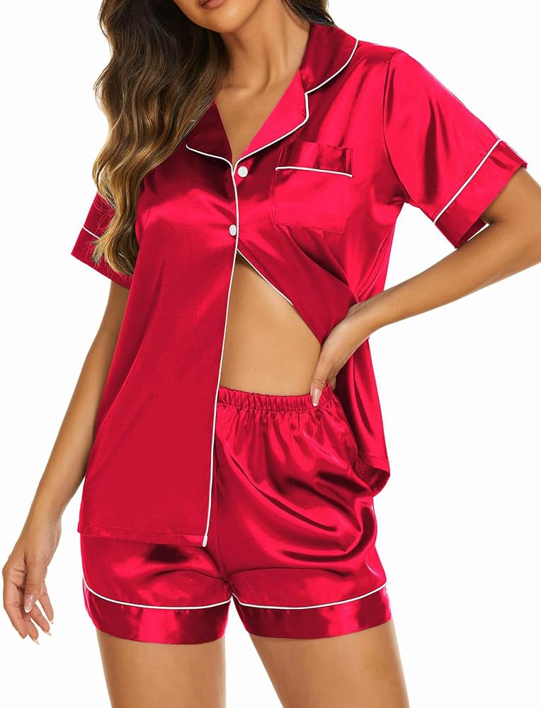 Ekouaer Womens Satin Silk Pajamas Set Short Sleeve Button Down Top and Shorts Sleepwear 2 Piece Pjs Set S-XXL