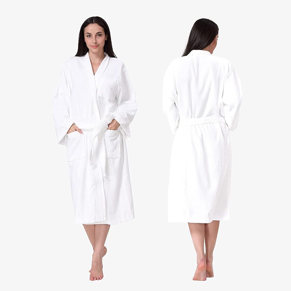 Acanva 100% Cotton Women Bathrobe Plush Soft Towel Robe with Waist Front Tie and Side Pockets for Spa Shower & Hotel, White