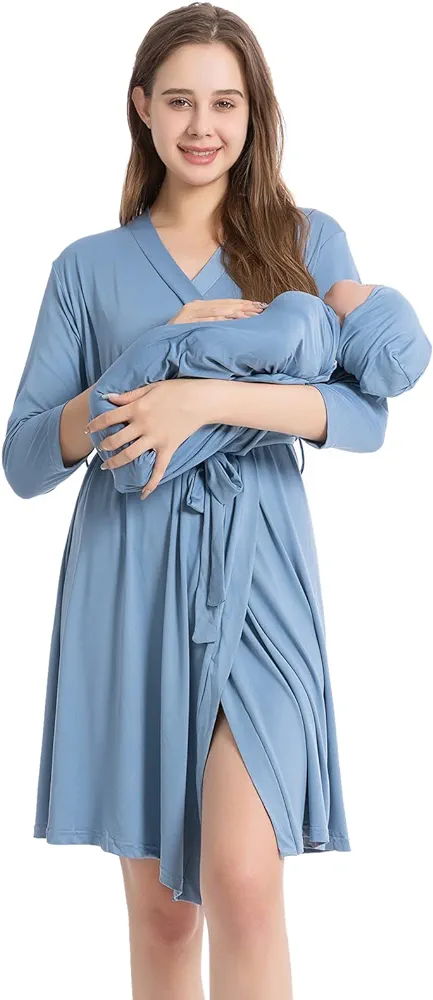 Galabloomer Maternity Robe and Baby Receiving Blanket, Matching Mommy Labor Delivery Robe and Swaddle Set Denim blue