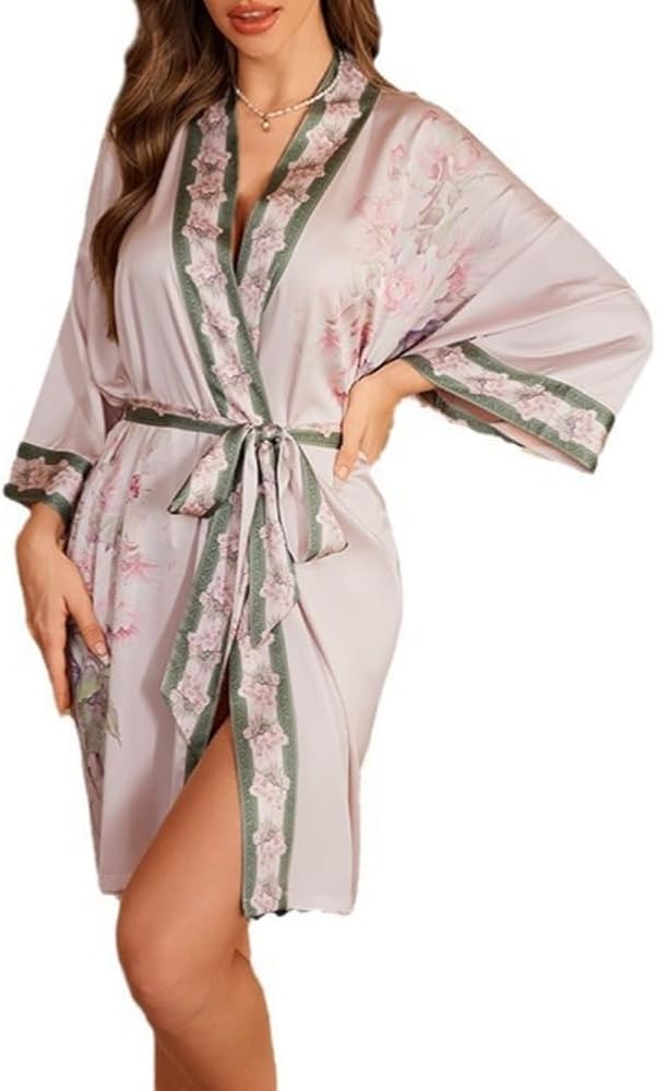 Floral Satin Robe for Women Kimono Robes Lingerie Silky Bathrobe 3/4 Sleeve Belted Womens Robes Bridesmaids