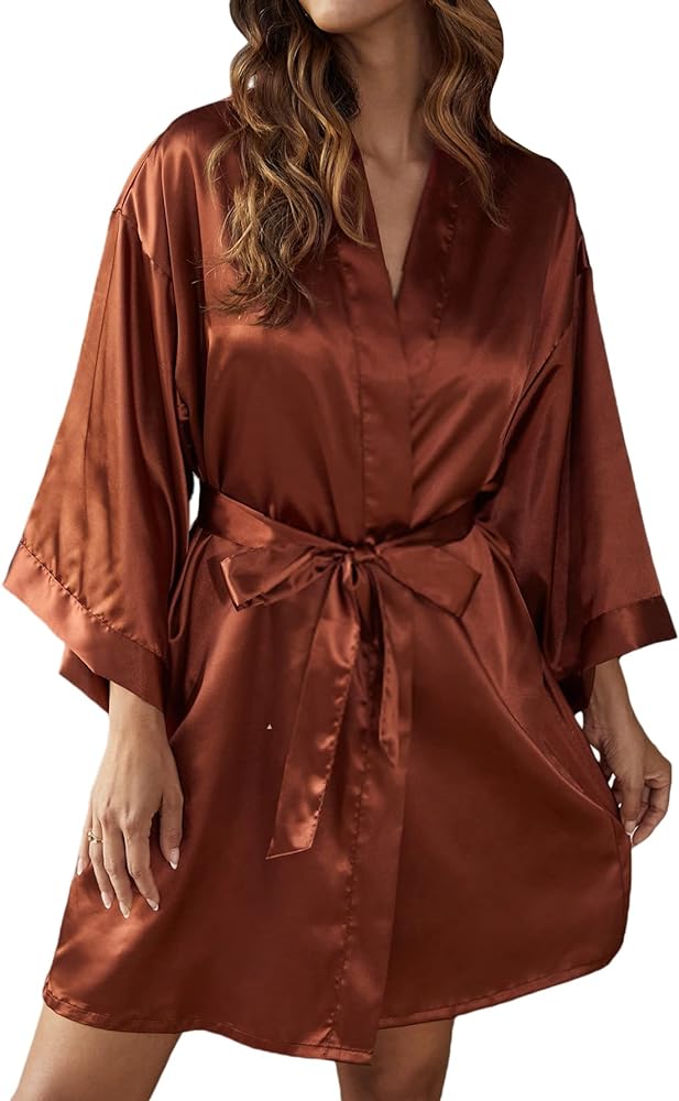 MakeMeChic Women's Satin Kimono Robe Short Silk Bathrobe Bridesmaid Wedding Robe