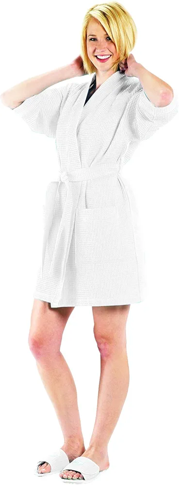 RW1019-WHITE-OS Thigh Length Waffle Weave Kimono Robe, One Size, White