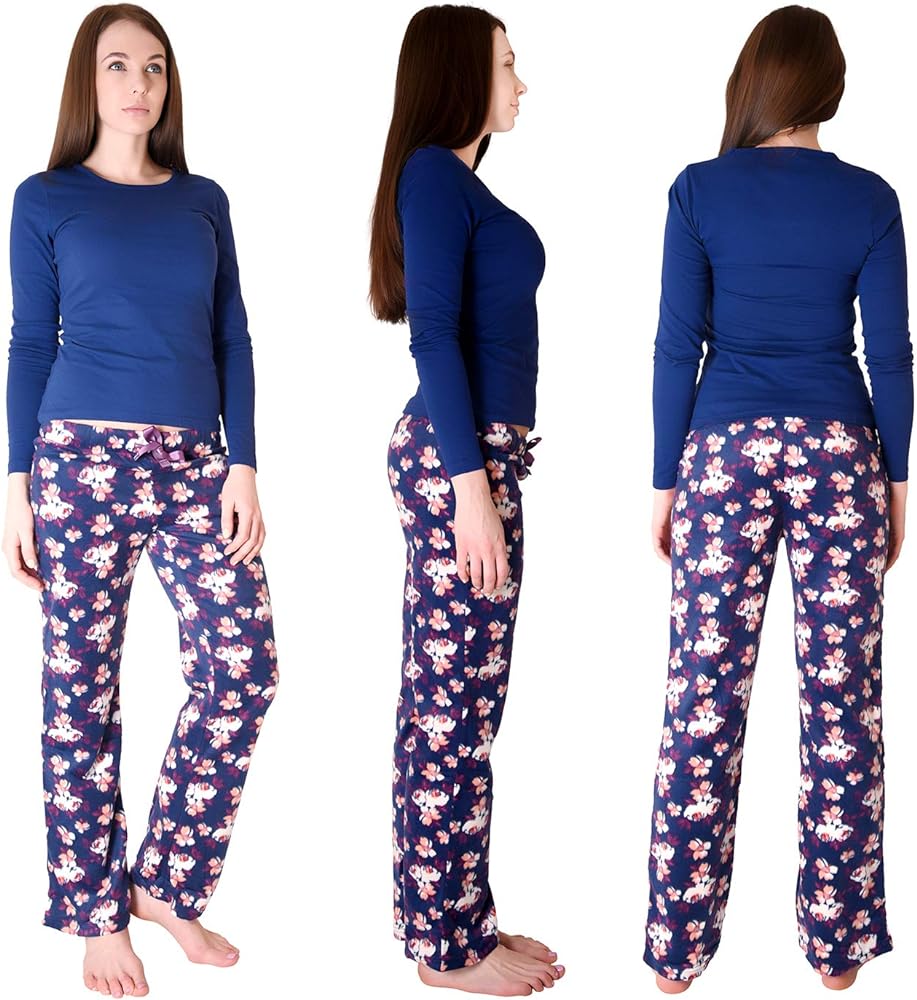 Cherokee Women's Set, Long Sleeve Cotton Top & Micro Fleece Pants, Soft & Cozy Loungewear