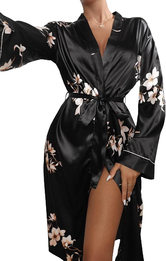 WDIRARA Women's Floral Print Long Sleeve Satin Long Robe Bridesmaid Wedding Party Robe