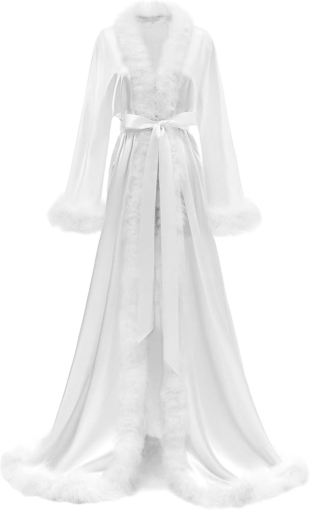 Feather Bridal Robe Silk Satin Luxury Maternity Gown for Photoshoot Wedding Dressing Lingerie Nightgown