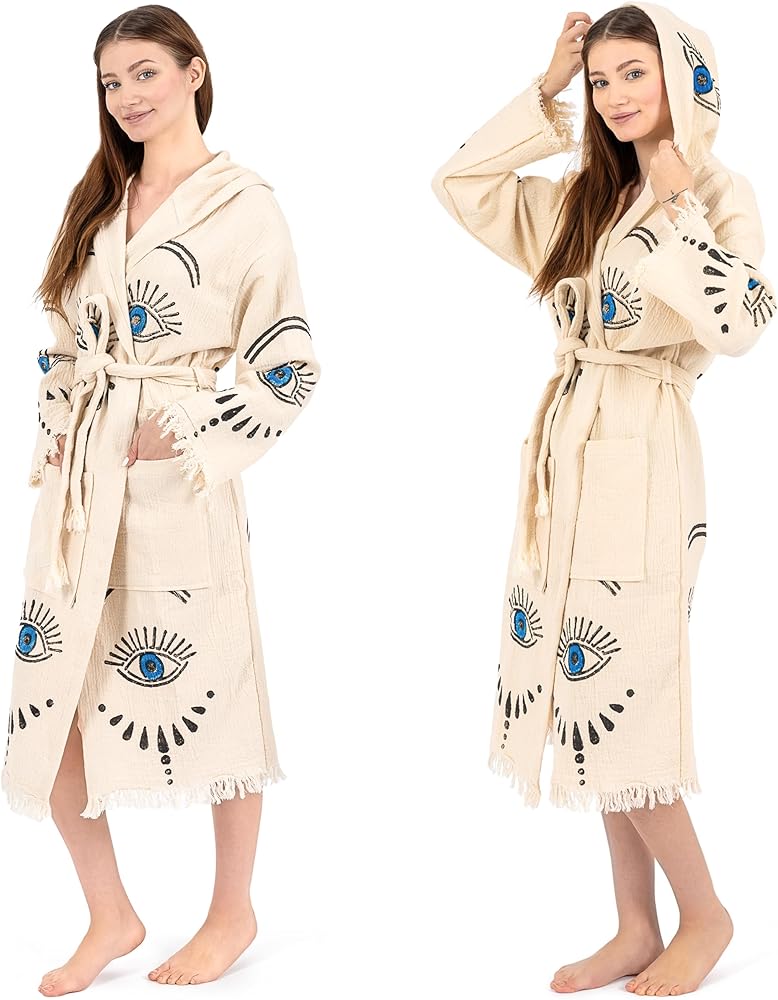 Evil Eye Kimono Handmade Hooded Boho Beachwear Cover Up Robe Kimono Bathrobe Cotton Cardigan For Spa, Gym, Pool, Beach