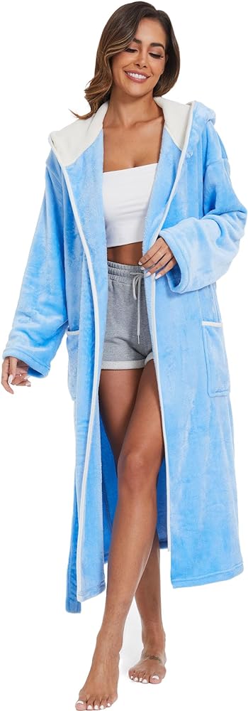 Womens Fleece Hood Robe, Fluffy Long Bathrobe,Luxury Full Length Plush Fleece Bathrobe