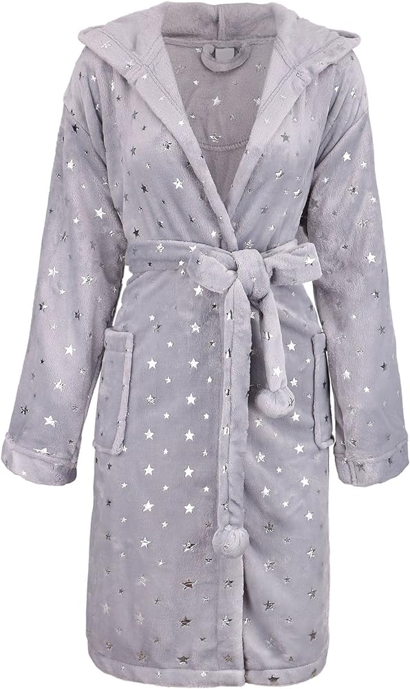 Womens Robe Luxurious Hooded Flannel Fleece Short Bath Robe with Side Pockets