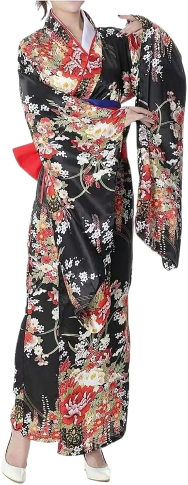 Japanese Anime Kimono for Women, Geisha rsweet Girl, Satin Floral Kimono Set