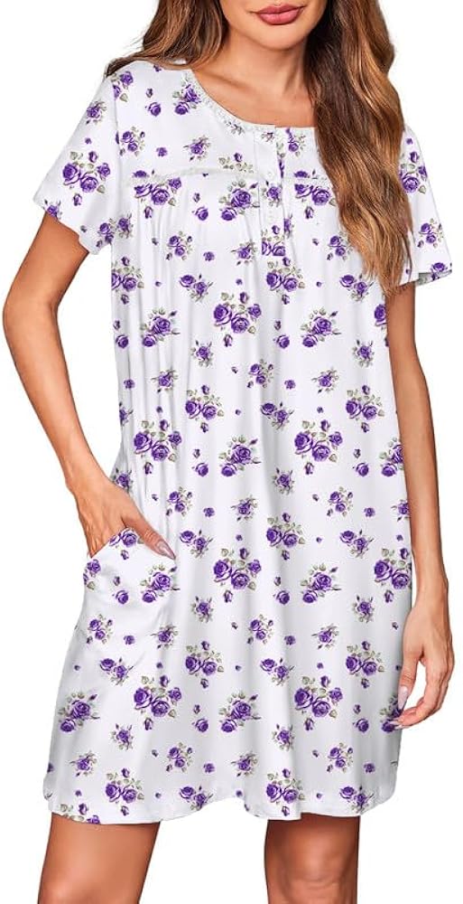 Ekouaer Women Nightgowns Short Sleeve Sleepwear Soft Pajama Dress Sleep Shirt Nightshirt S-2XL