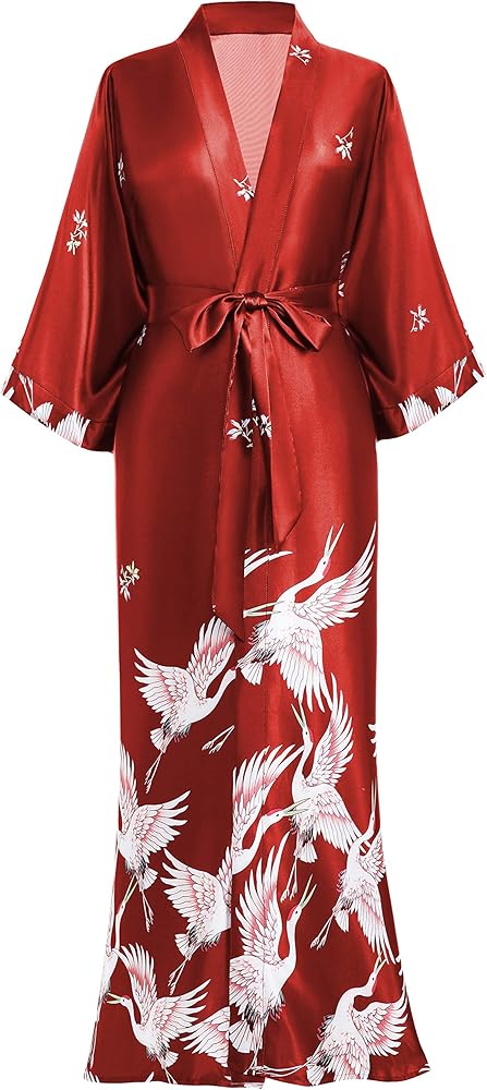 PRODESIGN Long Kimono Robe Satin Sleepwear Blouse Bathrobe Nightgown Floral Crane Kimono Cardigan Robe