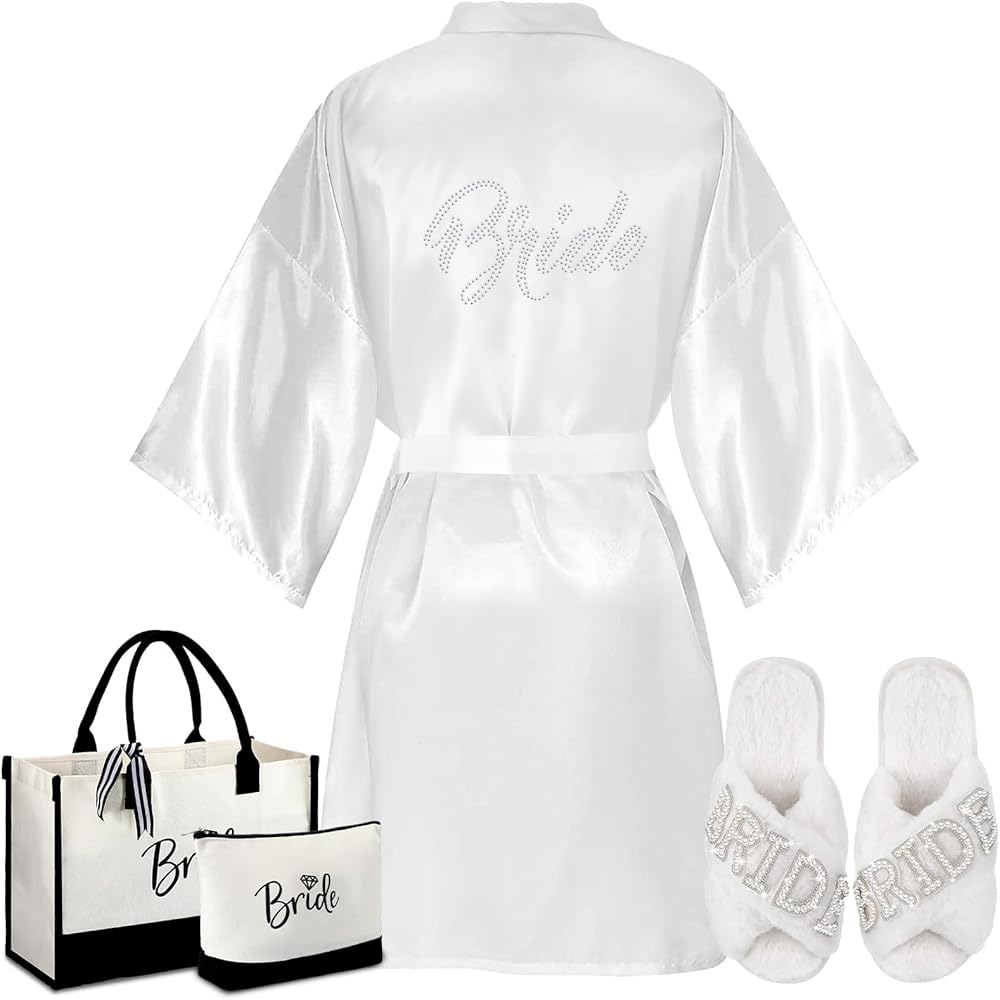 4 Pcs Bridal Shower Gift Set Include Bride Robes Bride Slippers Canvas Tote Bag Makeup Bag for Bride Wedding Party