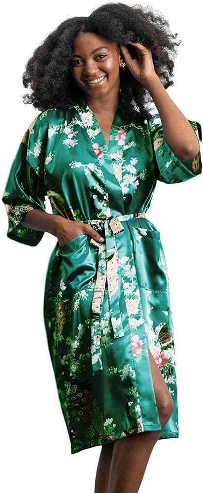 Womens Medium Length Silk Blend Kimono Robes, Floral Print and Pockets