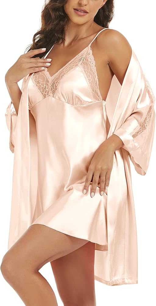 Satin Robes Set Women's Silk Pajama Sets with Nightgown 2 Piece Sleepwear Sexy Lace Cami Nightwear Kimono Bridesmaid Robe