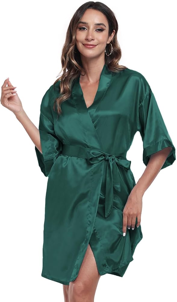 Women's Satin Robe Short Kimono Bathrobes for Women Bridesmaid Bride Wedding Party Robes Sleepwear with Side Pockets