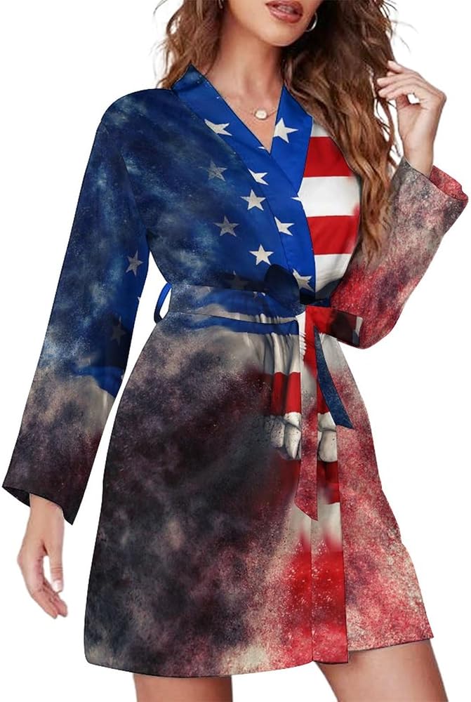 Angry American Flag Skull Bath Robes Female Short Spa Bathrobe Long Sleeve Robe Attached Belt Knee Length Loungewear