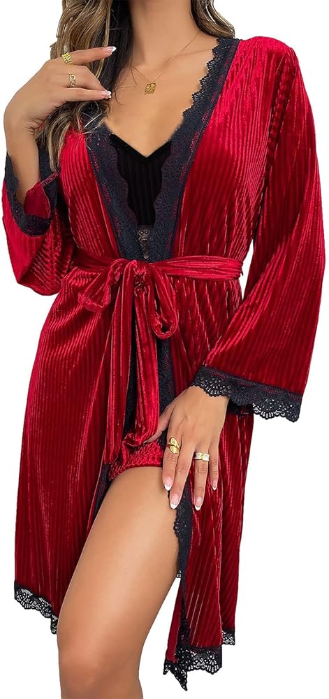 Women's Lace Velvet Robe Sexy V Neck Nightgown Short Bathrobe Sleepwear for Bridal Wedding