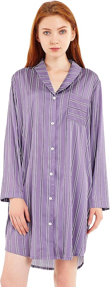 Femofit Satin Nightgown for Women Long Sleeve Button Down Nightshirt Striped Pajama Top Soft Sleepwear Sleepshirt