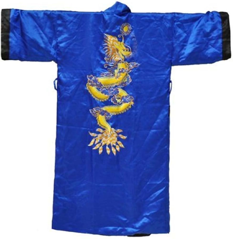 Unisex Blue and Black Embroidered Two-sided Silk Dragon Robe