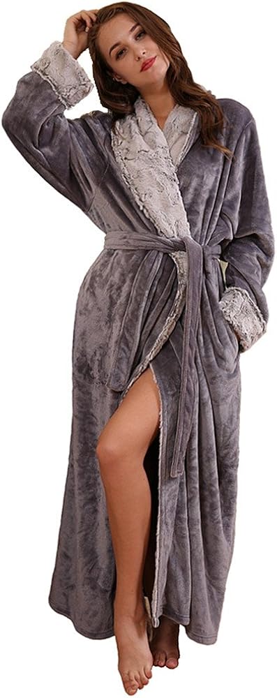 Thicker Long Flannel Sleepwear for Women and Man Imitation Fur Collar Bathrobes Warm Couple Pajamas