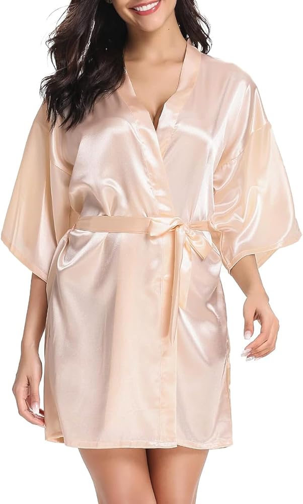 Womens Robes Satin Kimono Robe Pure Silky Dressing Gowns Bathrobe Bridesmaids Short Loungewear Lingerie with Belt