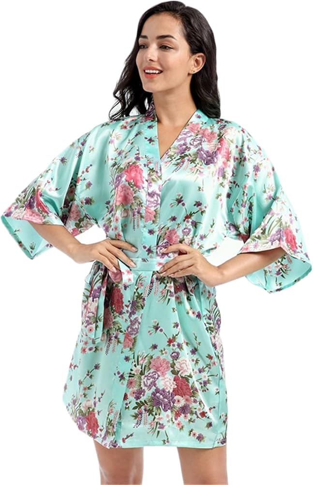 Andongnywell Women's Bridesmaid Robe Short Floral Wedding Robe Satin Floral Kimono Bathrobe for Bridal Wedding Party