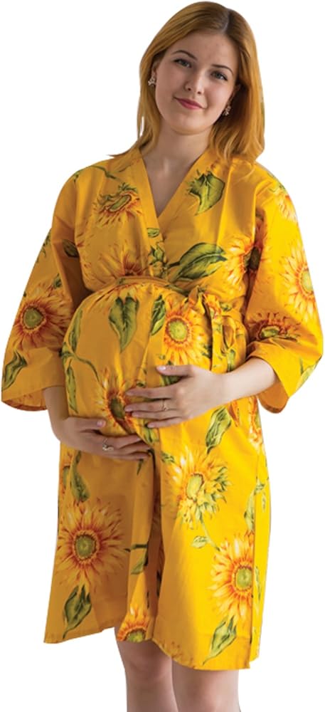 Yellow Floral Maternity Robe - Perfect as Hospital Gown, Labor & Birthing Gown, Nursing Robe