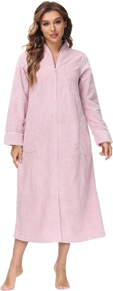 INK+IVY Embossed Plush Front Zipper Robe for Women - Full-Length Housecoat - Ladies Bathrobe Loungewear with Pocket, Collar & Cuff, Chalky Rose, XS