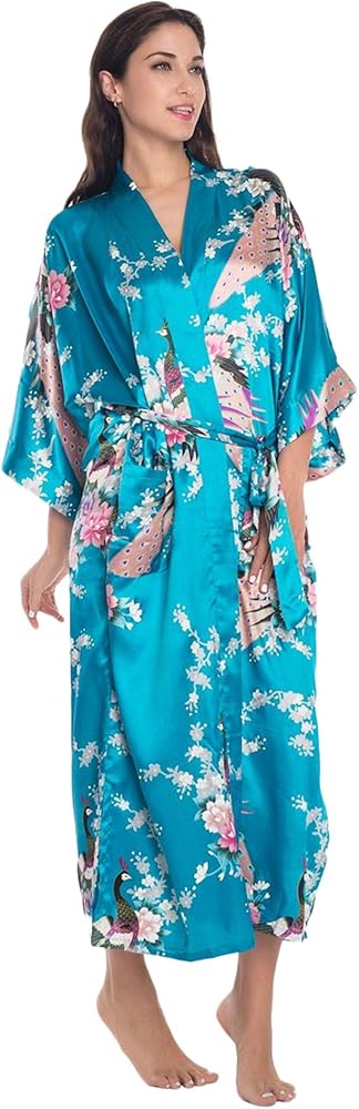 Andongnywell Women Long Sleep Robe Floral Satin Nightwear Kimono Robes Long Soft Lightweight Satin Nightwear Bathrobe