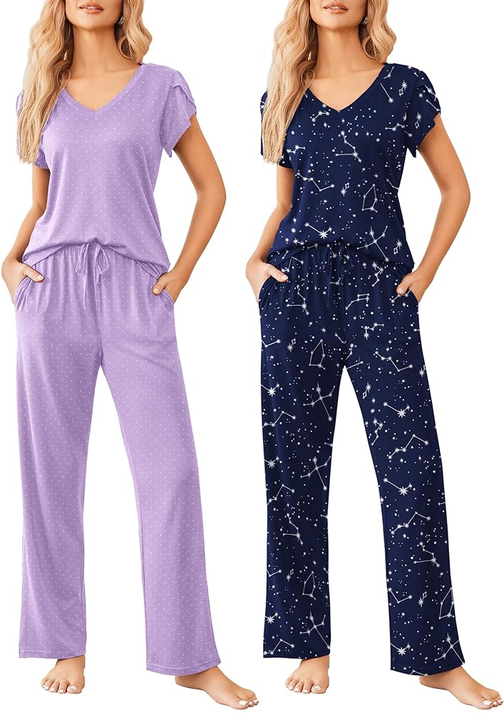 Ekouaer 2 Pack Womens Pajamas Short Sleeve Sleepwear Top with Pants Super-Soft Printed Lounge Sets S-XXL