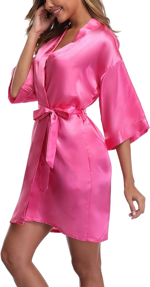 Women's Short Satin Robe Kimono Bride Bridesmaid Bathrobe Getting Ready Robe Soft Sleepwear