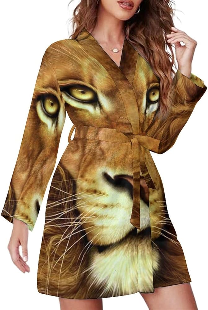 African Lion Short Robes For Women With Belt Long Sleeve Womens Nightgown Soft Bathrobe Loungewear