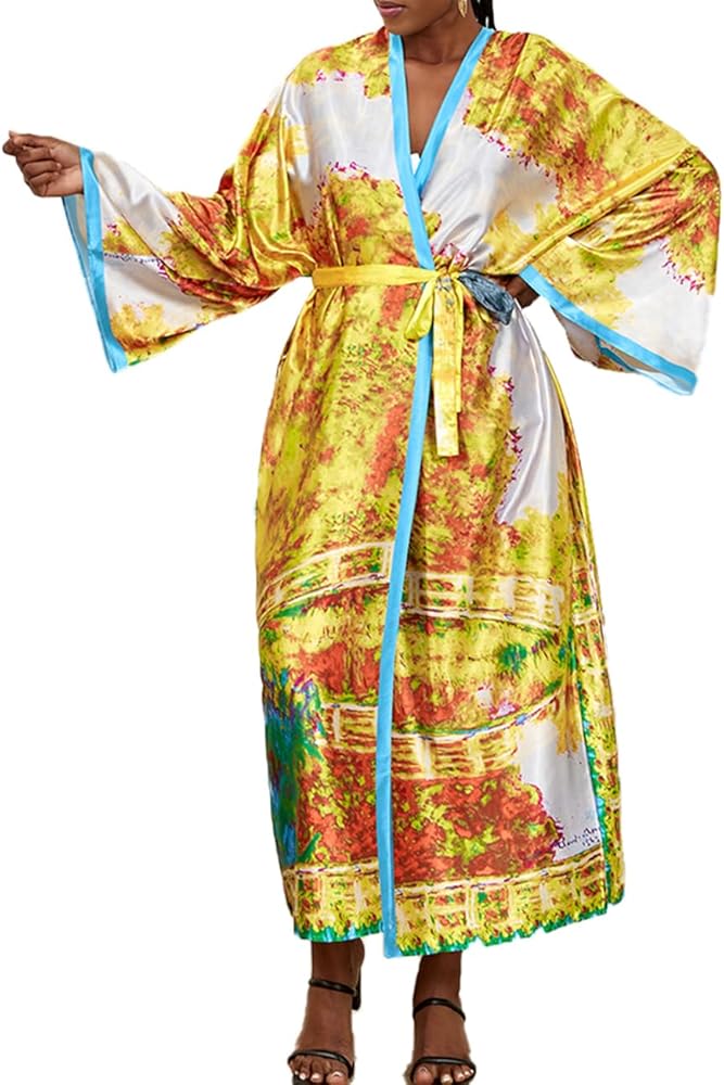 QIUYEJUO Women's Flowy Beach Kimono Long Bikini Cover Up Dress Chiffon/Rayon Open Front Cardigan