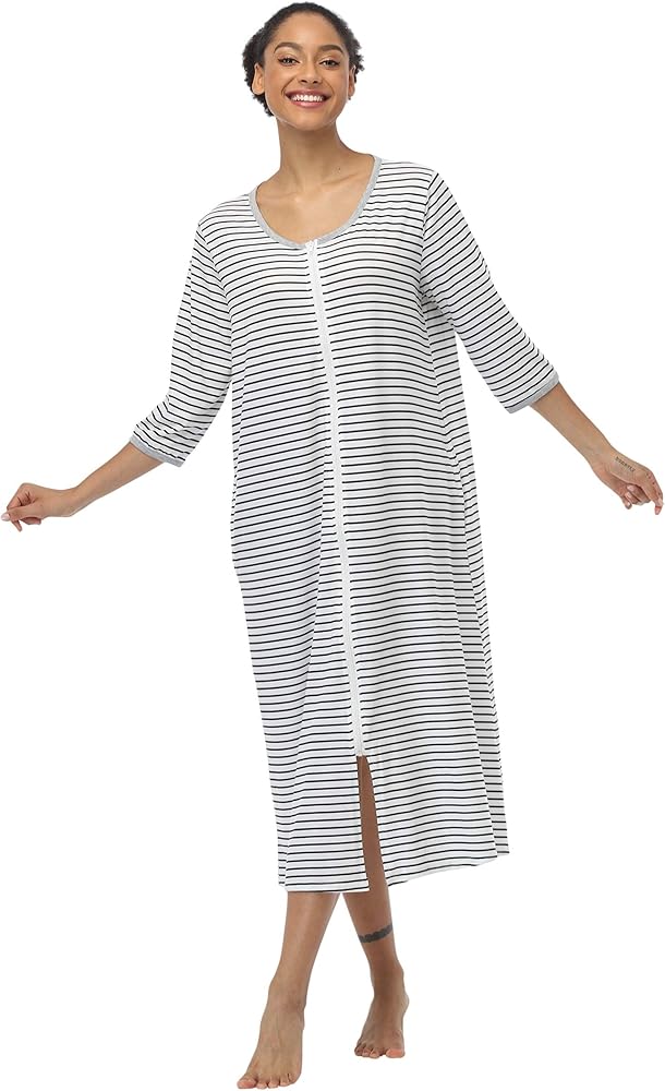 Women's Long Robes Zipper Front Lightweight Nightgowns Half Sleeves Soft Loungewear for Ladies S-XXXL