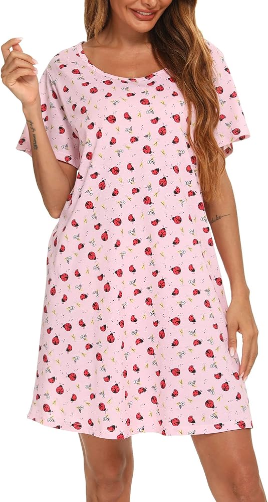 ENJOYNIGHT Womens Cotton Nightgown Short Sleeves Sleepshirt Print Nightshirt