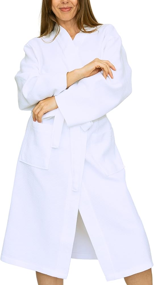 Waffle Knit Kimono Spa Bathrobe - 100% Cotton, Lightweight, Mid-Length, Long Sleeves, White (Large)