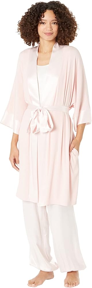 PJ Harlow Womens Shala-rib Knit Camono Robe With Satin Belt and Trim