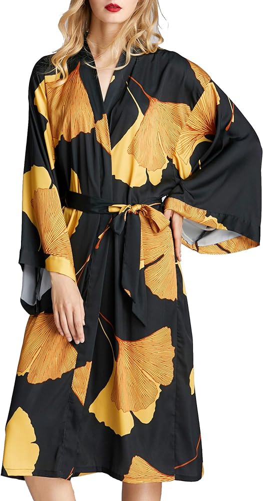 Women's Kimono Robe Long Ginkgo Leaf Printed Satin Robe Bride Bridesmaid Dressing Gown