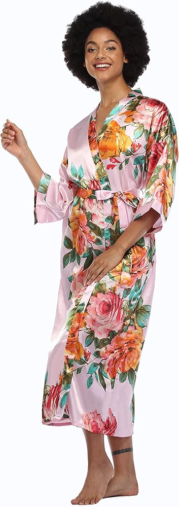 Women's Floral Kimono Robes Bridal Party Satin Long Length Bathrobes Silk Sleepwear Loungewear